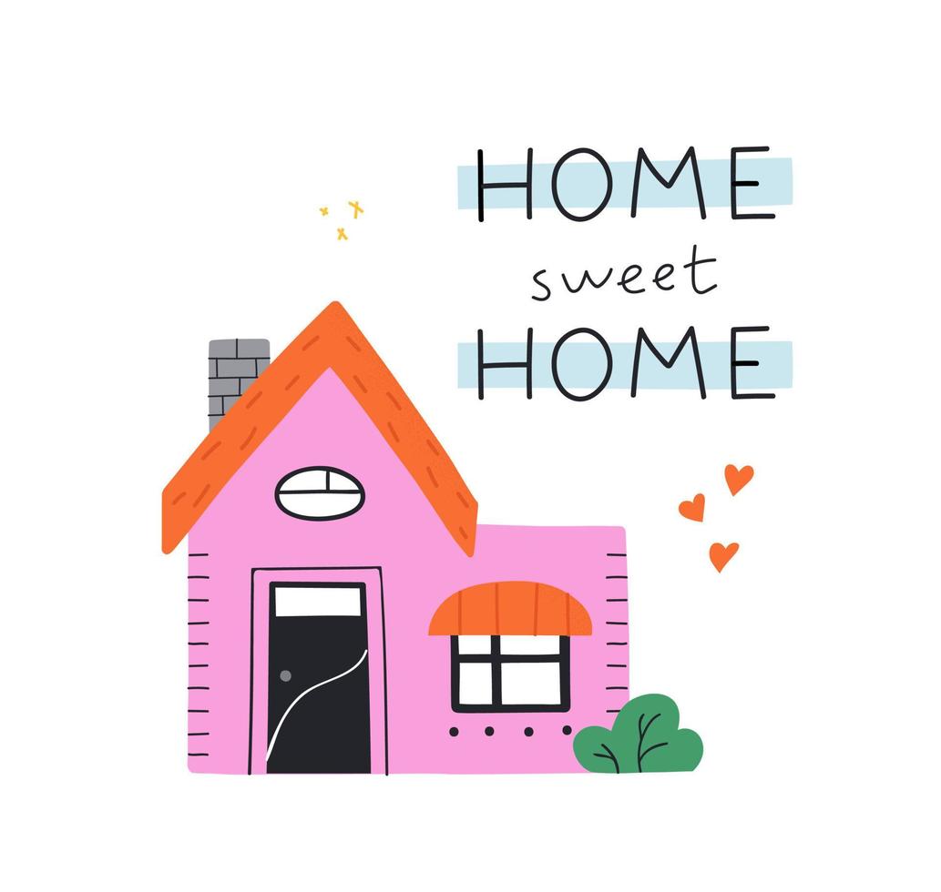 linda casa rosa dibujada a mano con letras hogar dulce hogar. ilustración vectorial moderna. vector