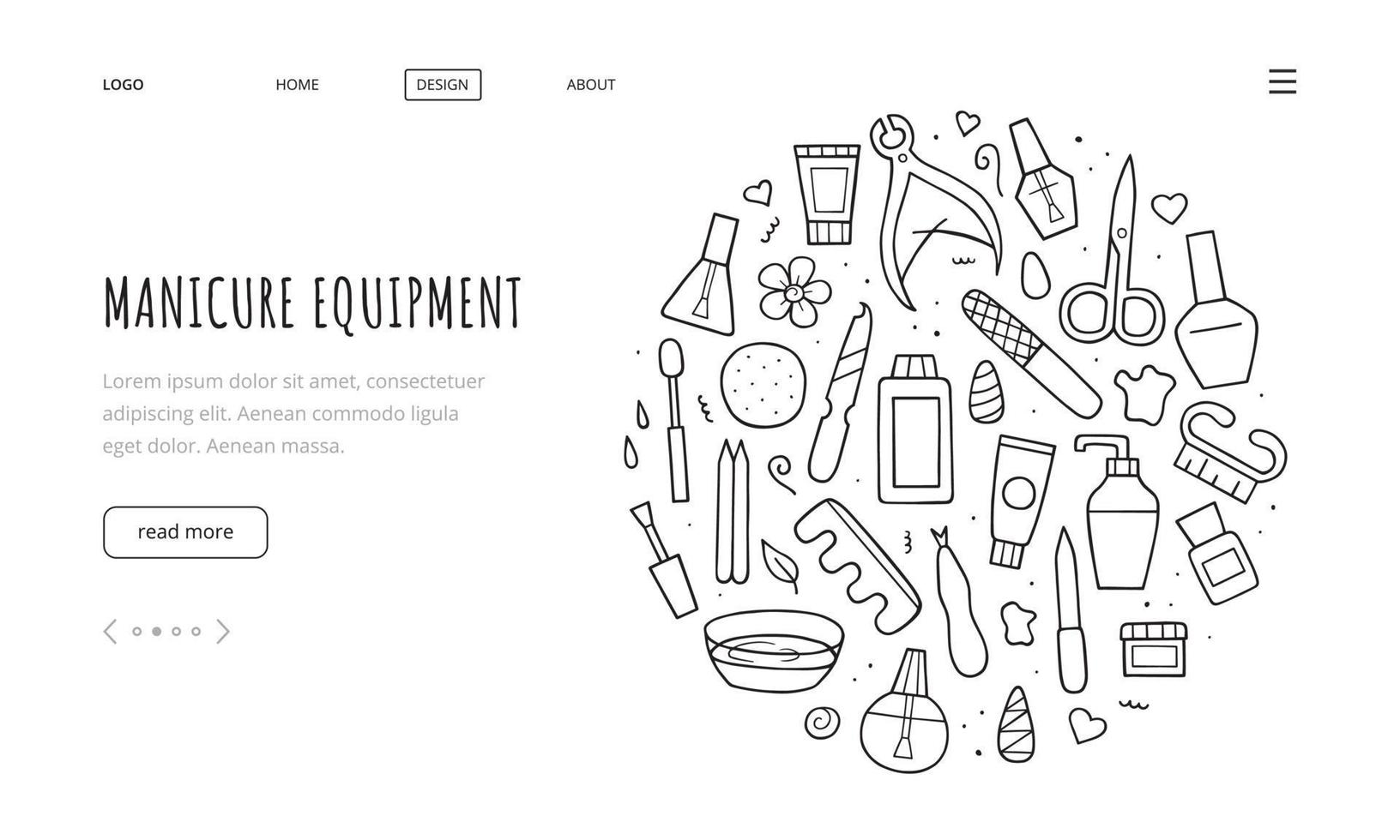 Manicure equipment set. Landing page template. Collection hand drawn different tools. Doodle sketch style. Vector outline illustration.