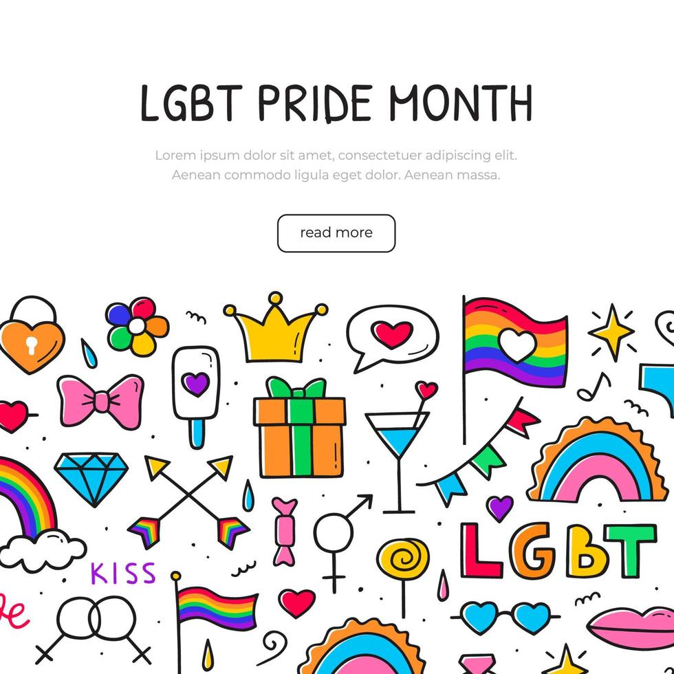 LGBT pride month concept. Banner template in color. Hand drawn doodle sketch. Vector composition design.