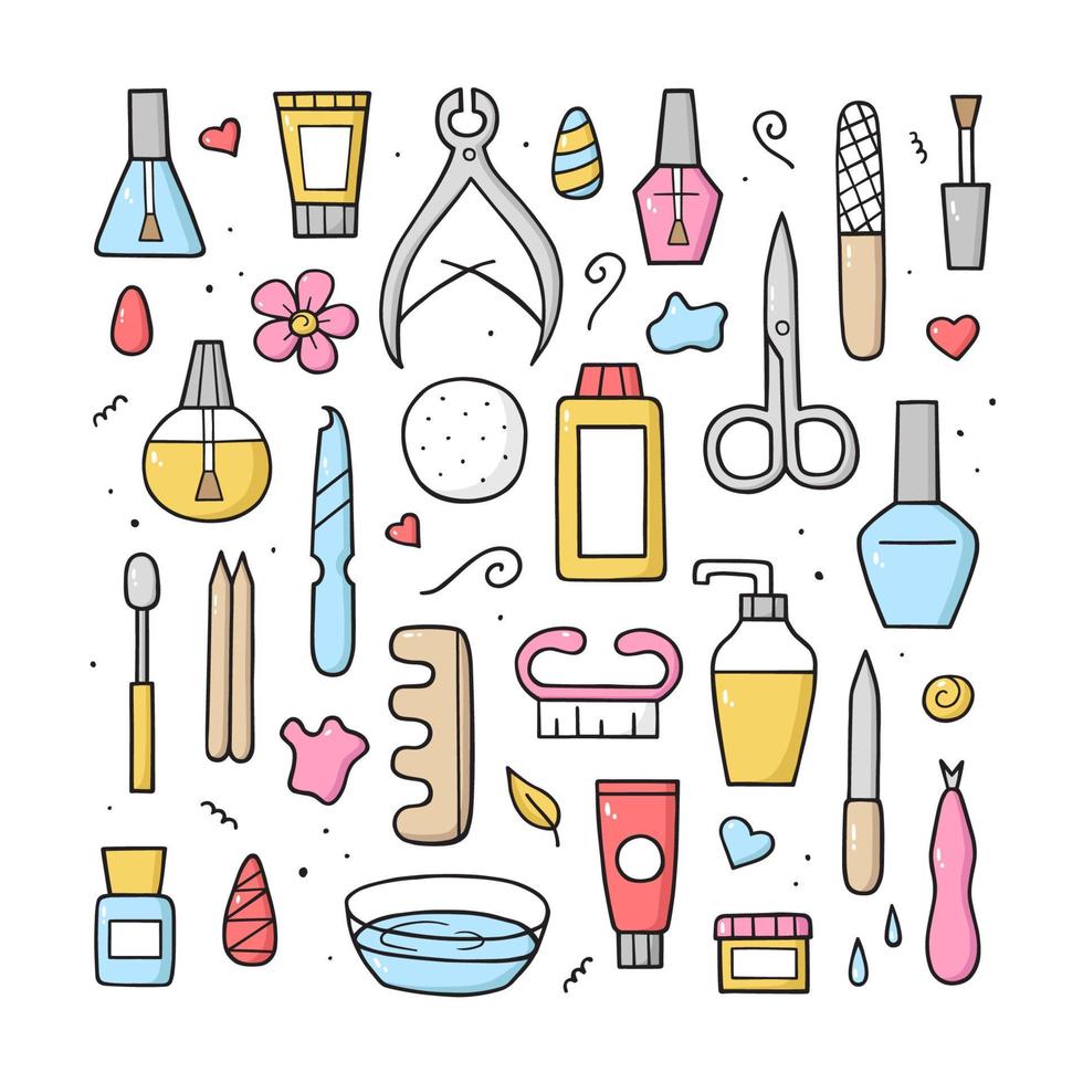 Manicure equipment set. Collection hand drawn different tools. Doodle sketch style. Vector colorful illustration for banner, website, landing page, background.