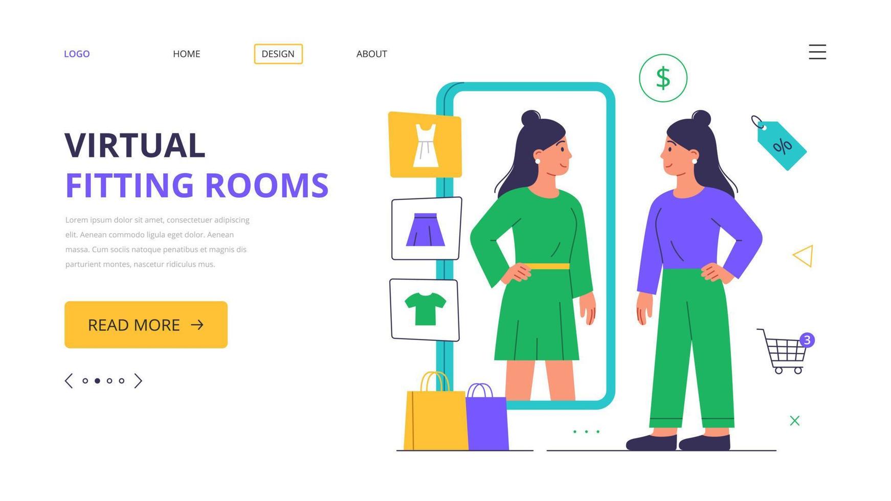 Virtual fitting room. Landing page template. Woman buys clothes, augmented reality app on a smartphone. Vector illustration in a modern flat style.