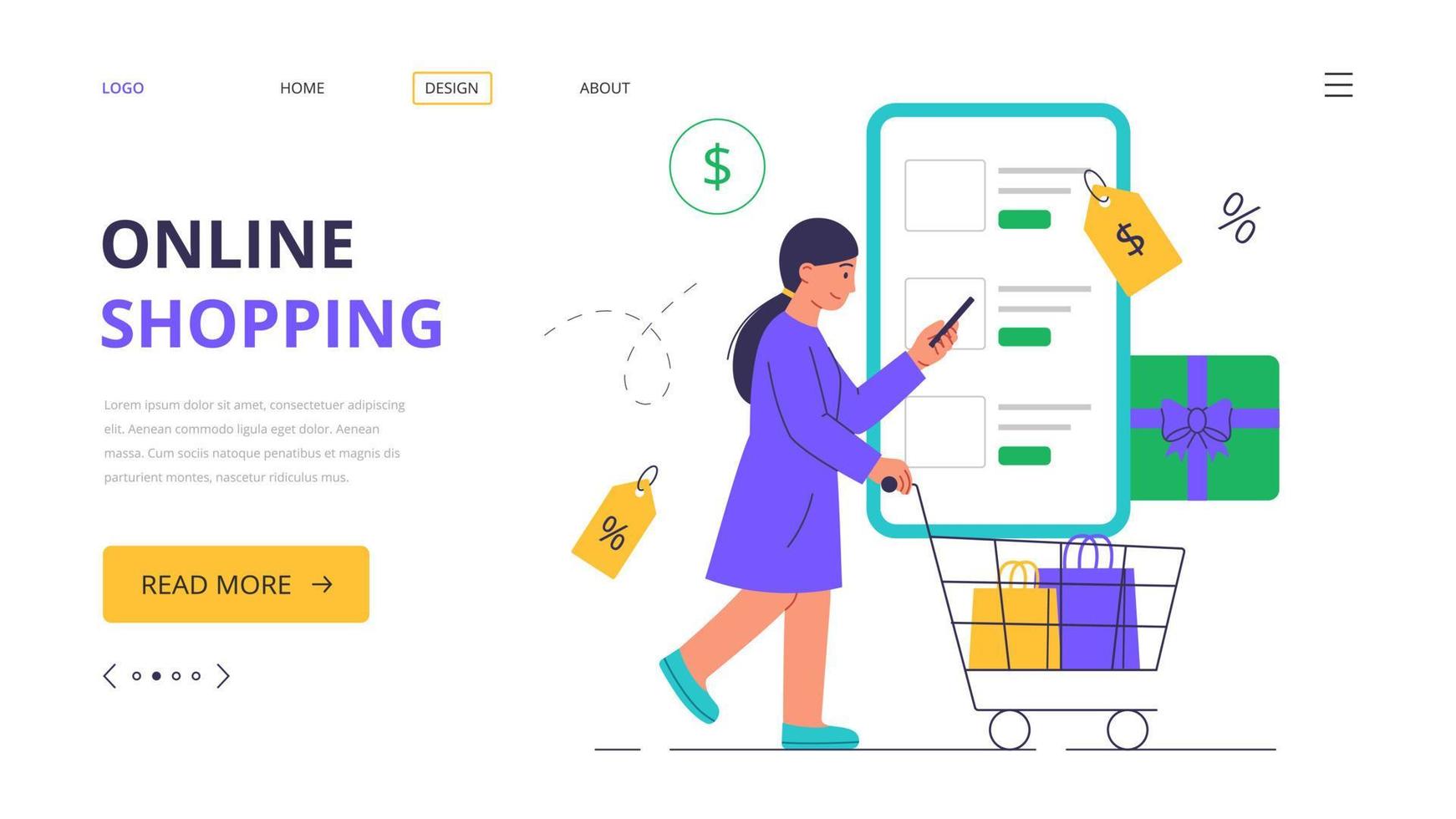 Online shopping. A woman makes purchases in an online store. Vector illustration in a modern flat style. Landing web page template.
