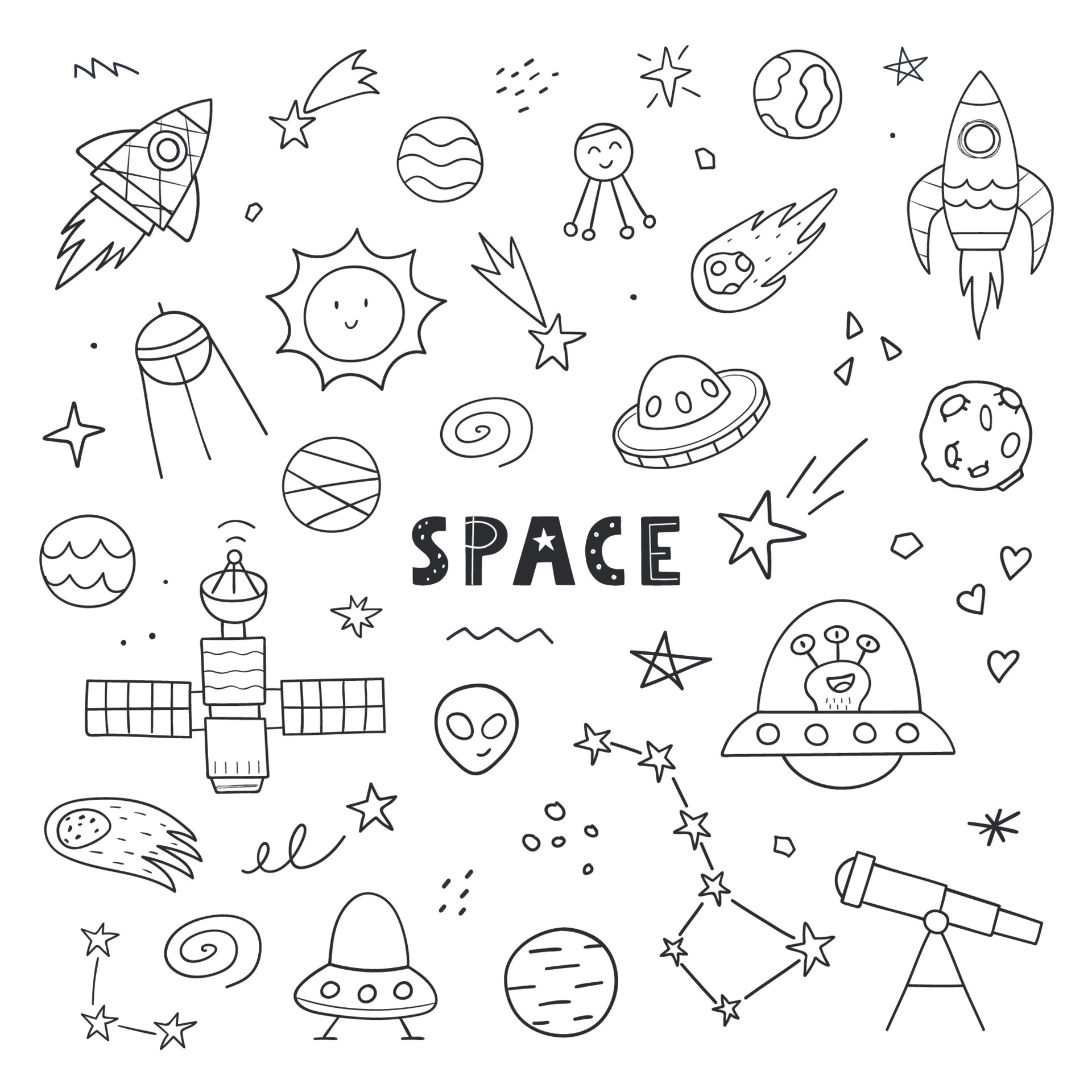 Hand drawn cute space set. Doodle sketch style. Vector linear ...