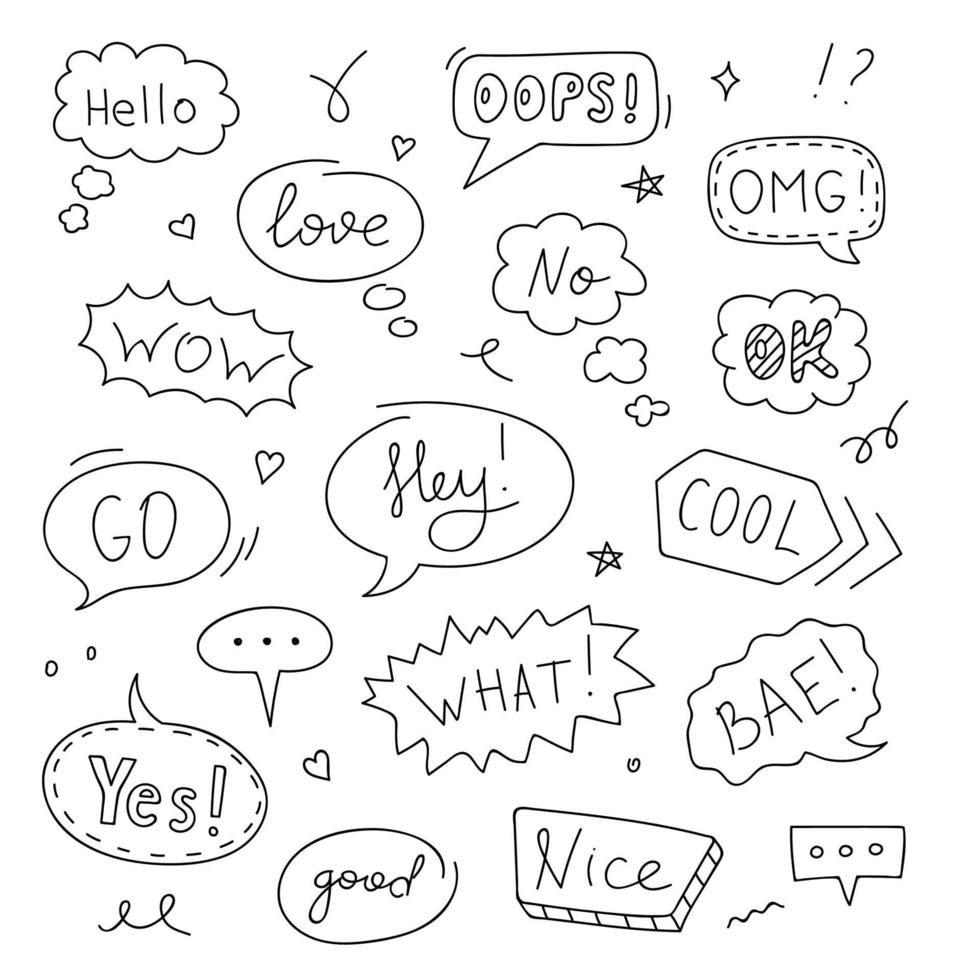 Set of speech bubbles with text Hello, Love, Ok, Wow, No. Doodle sketch style. Vector illustration.