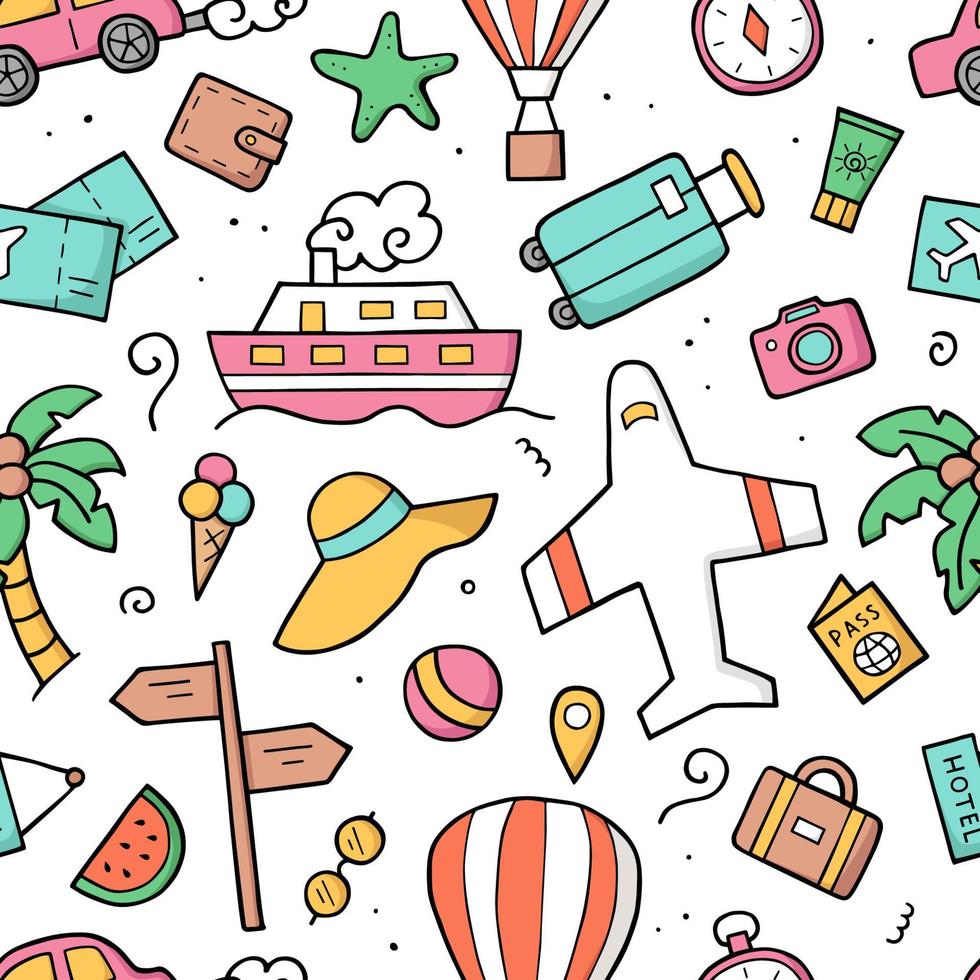 Seamless pattern Tourism elements. Doodle sketch. Hand drawn cute travel objects. Vector illustration.