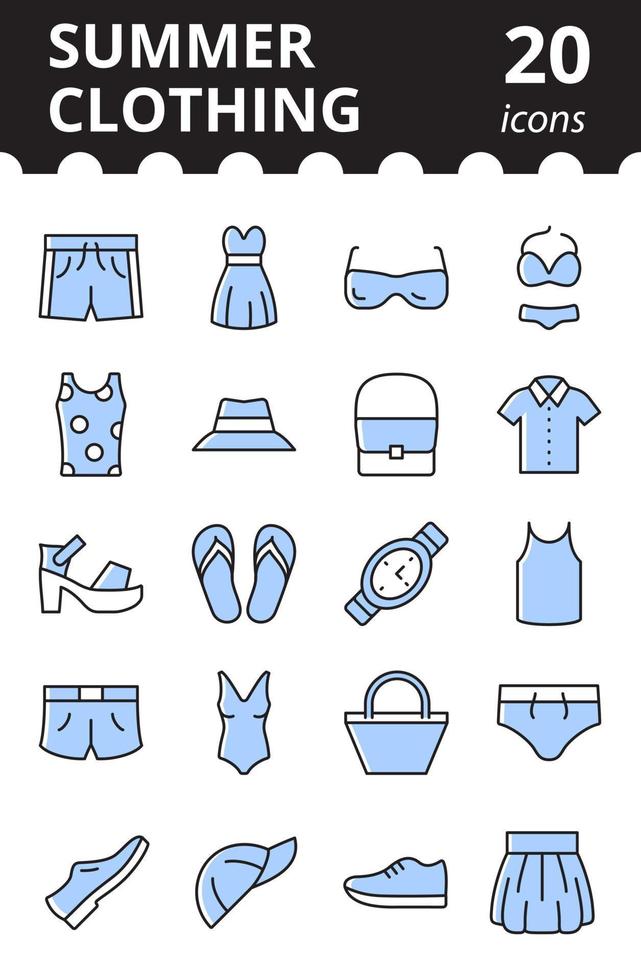 Summer clothing icons set. Collection vector symbols in a linear style in color.