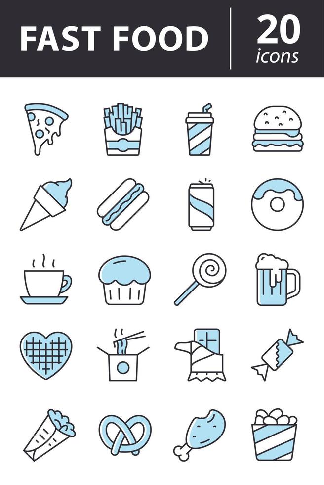 Fastfood icon set. Street food line symbols collection. Burger, pizza, donut outline vector signs in color.