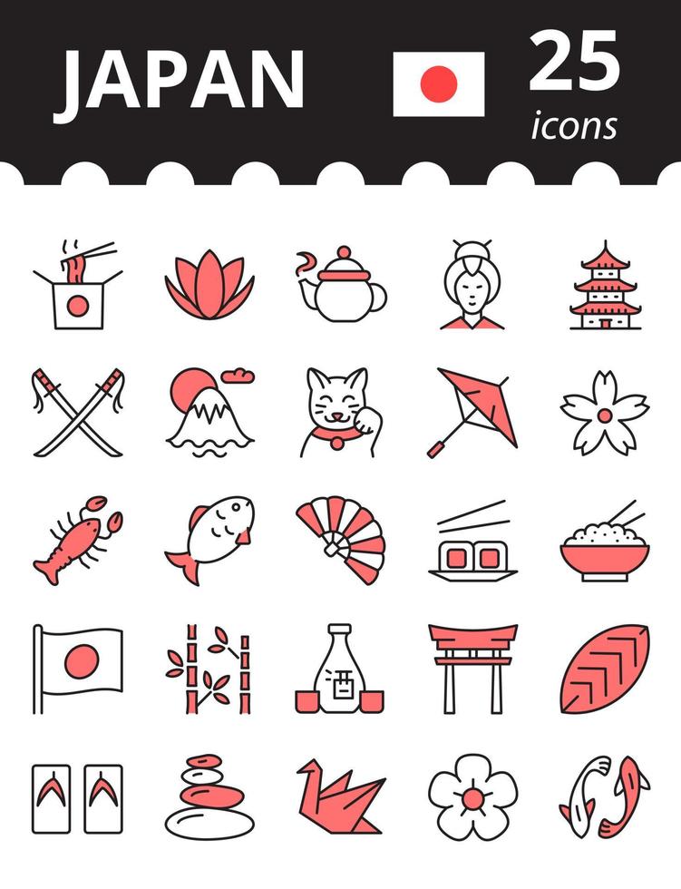 Japan - icons set. Symbols in simple outline style. Vector illustration.