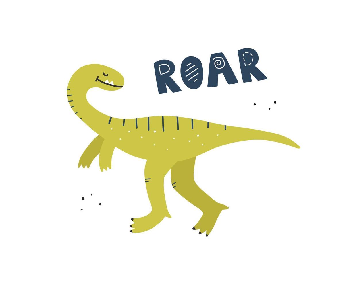 Cute dinosaur hand drawn in color. Roar handwritten lettering. Vector dino character.