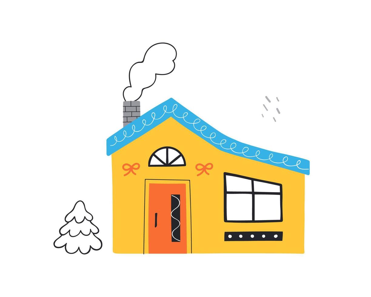 Cute hand drawn yellow house. Trendy illustration home. vector