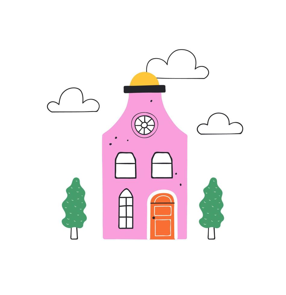 linda casa rosa dibujada a mano y dos árboles. ilustración de moda en estilo plano. vector