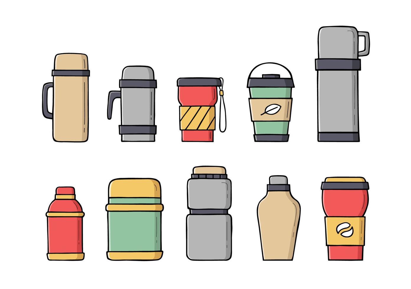 Travel thermo mugs in color, reusable cups for hot drinks in doodle style. Colored hand drawn set of tumblers with cover. vector