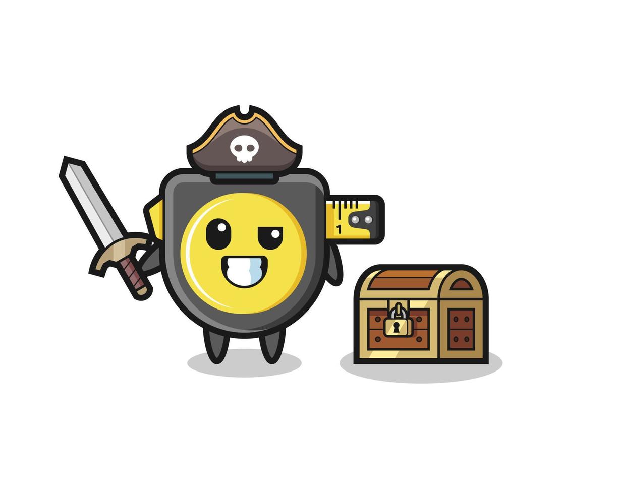 the tape measure pirate character holding sword beside a treasure box vector