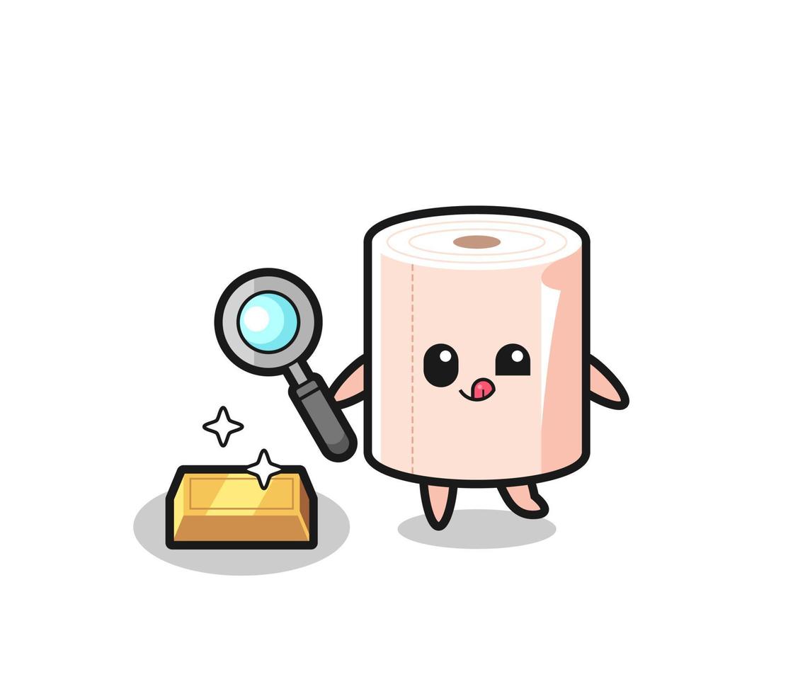 tissue roll character is checking the authenticity of the gold bullion vector