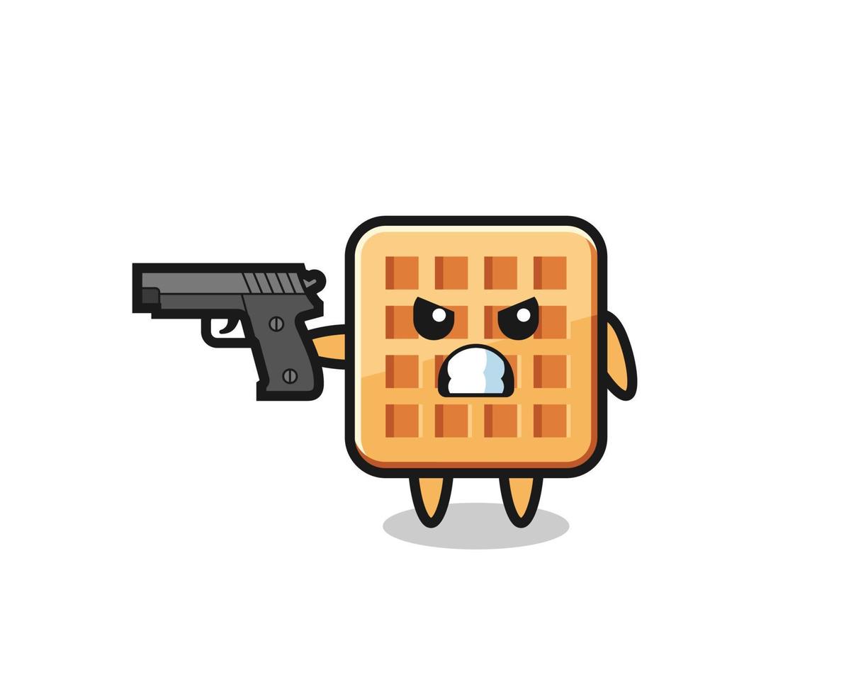 the cute waffle character shoot with a gun vector