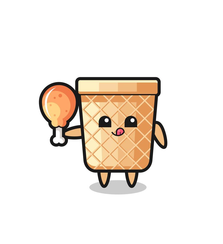 waffle cone cute mascot is eating a fried chicken vector