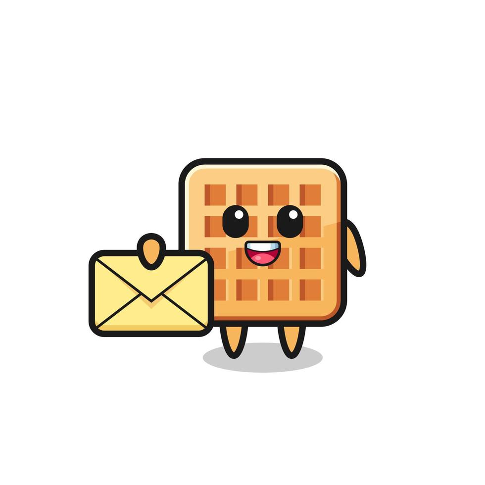 cartoon illustration of waffle holding a yellow letter vector