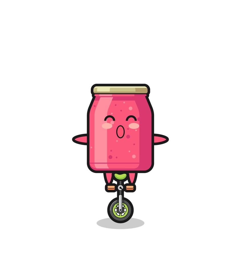 The cute strawberry jam character is riding a circus bike vector