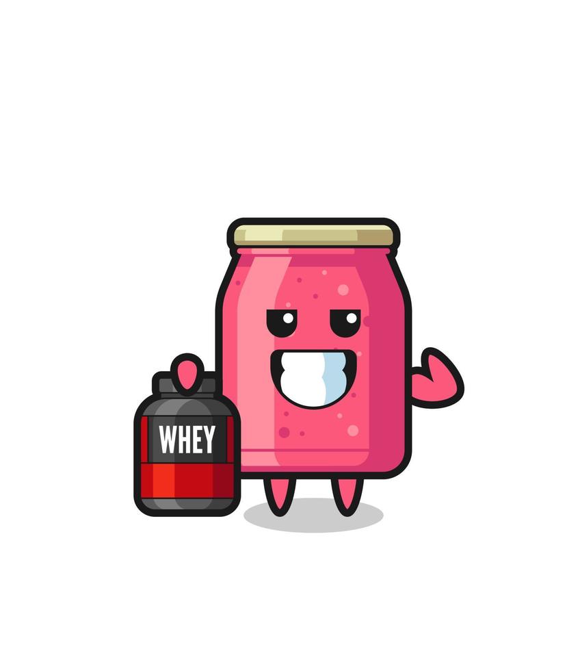 the muscular strawberry jam character is holding a protein supplement vector