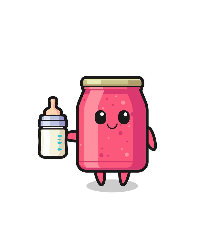 baby strawberry jam cartoon character with milk bottle vector