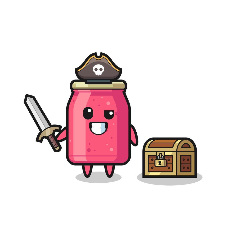 el personaje pirata de mermelada de fresa sosteniendo una espada al lado de una caja del tesoro vector