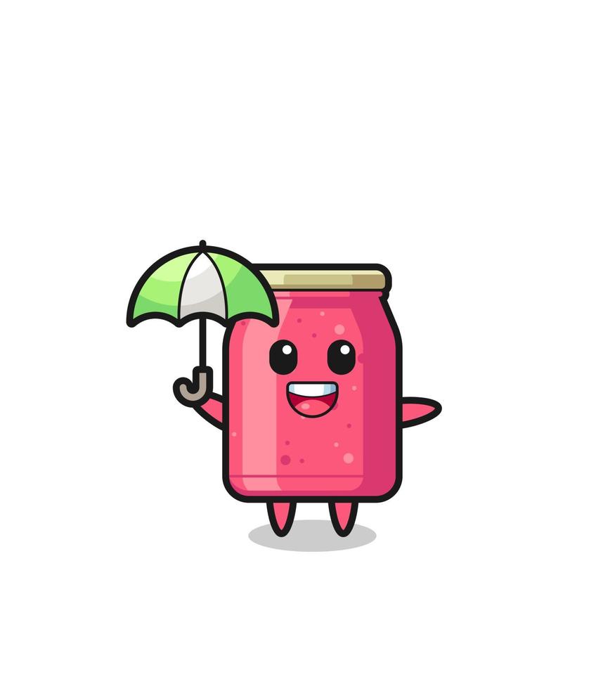 cute strawberry jam illustration holding an umbrella vector