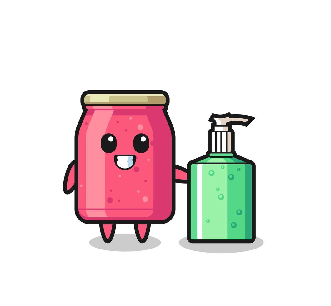 cute strawberry jam cartoon with hand sanitizer vector