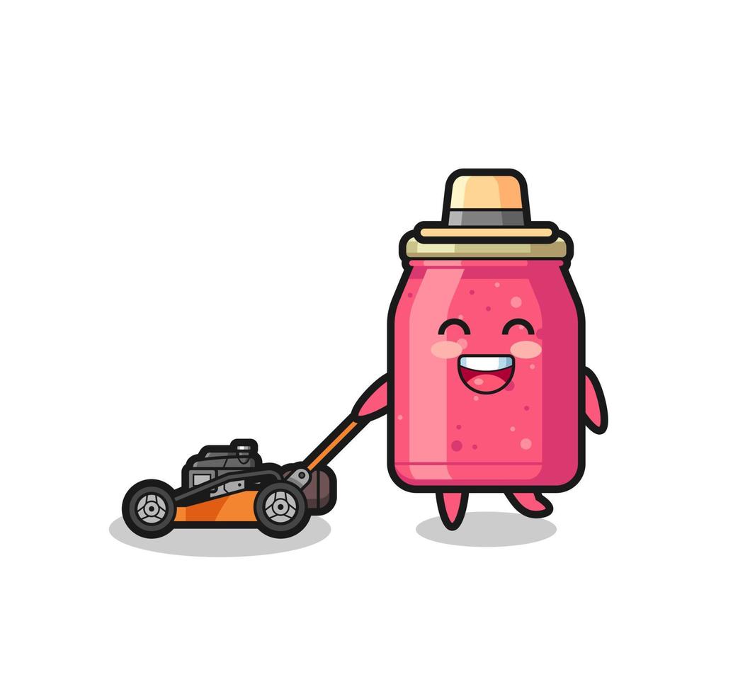 illustration of the strawberry jam character using lawn mower vector