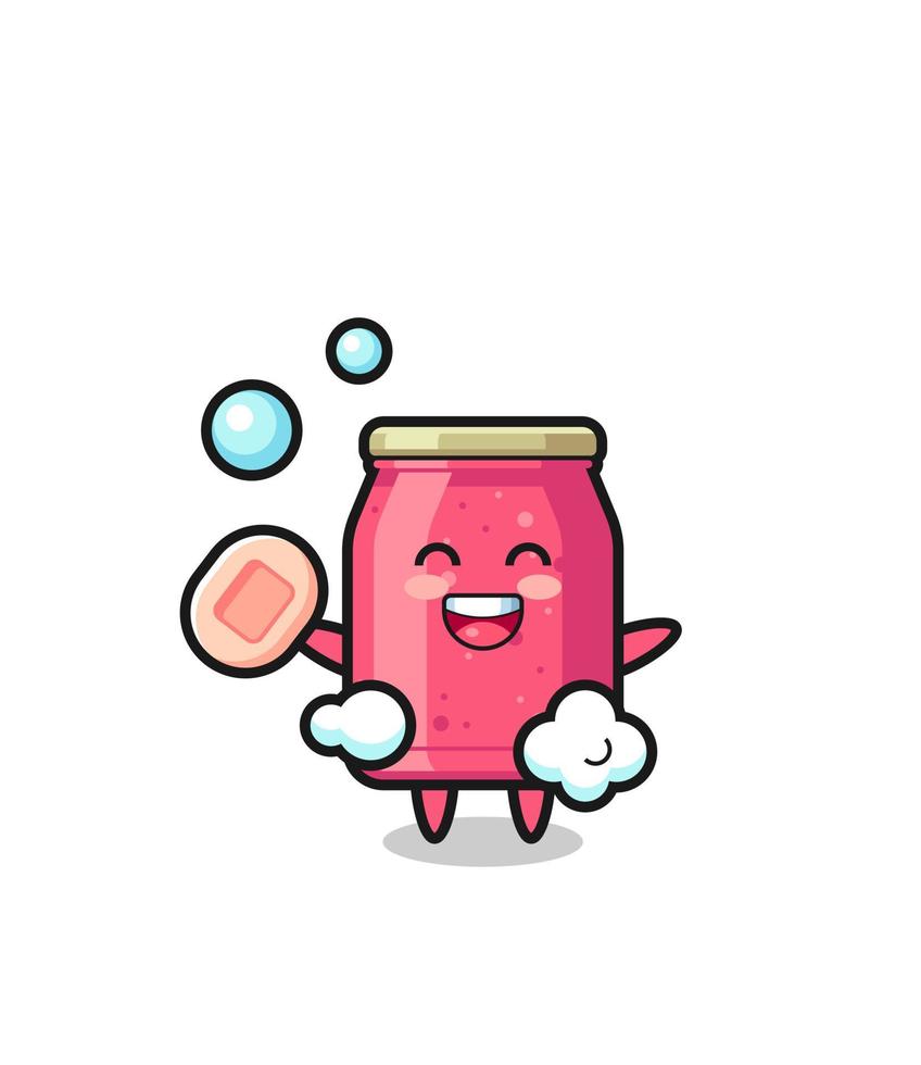 strawberry jam character is bathing while holding soap vector