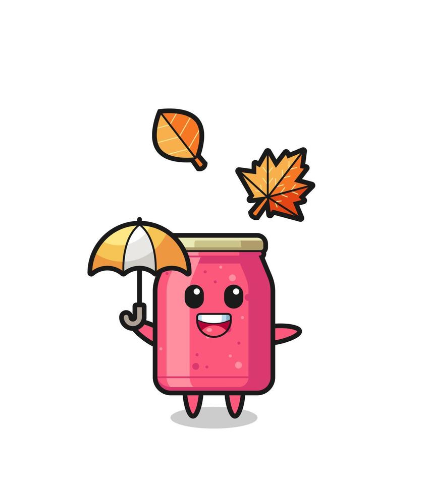 cartoon of the cute strawberry jam holding an umbrella in autumn vector