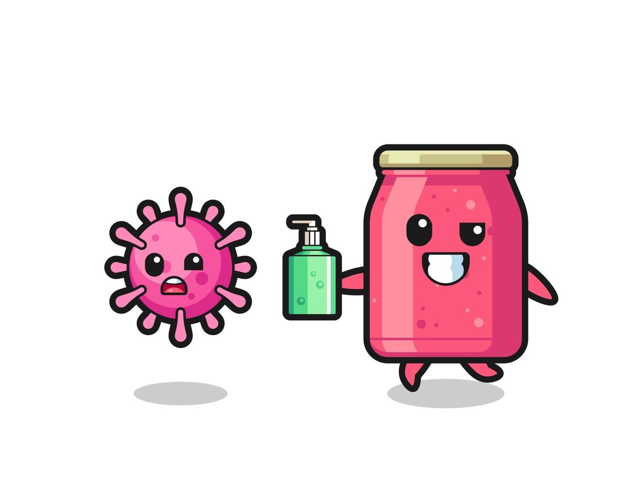 illustration of strawberry jam character chasing evil virus with hand sanitizer vector