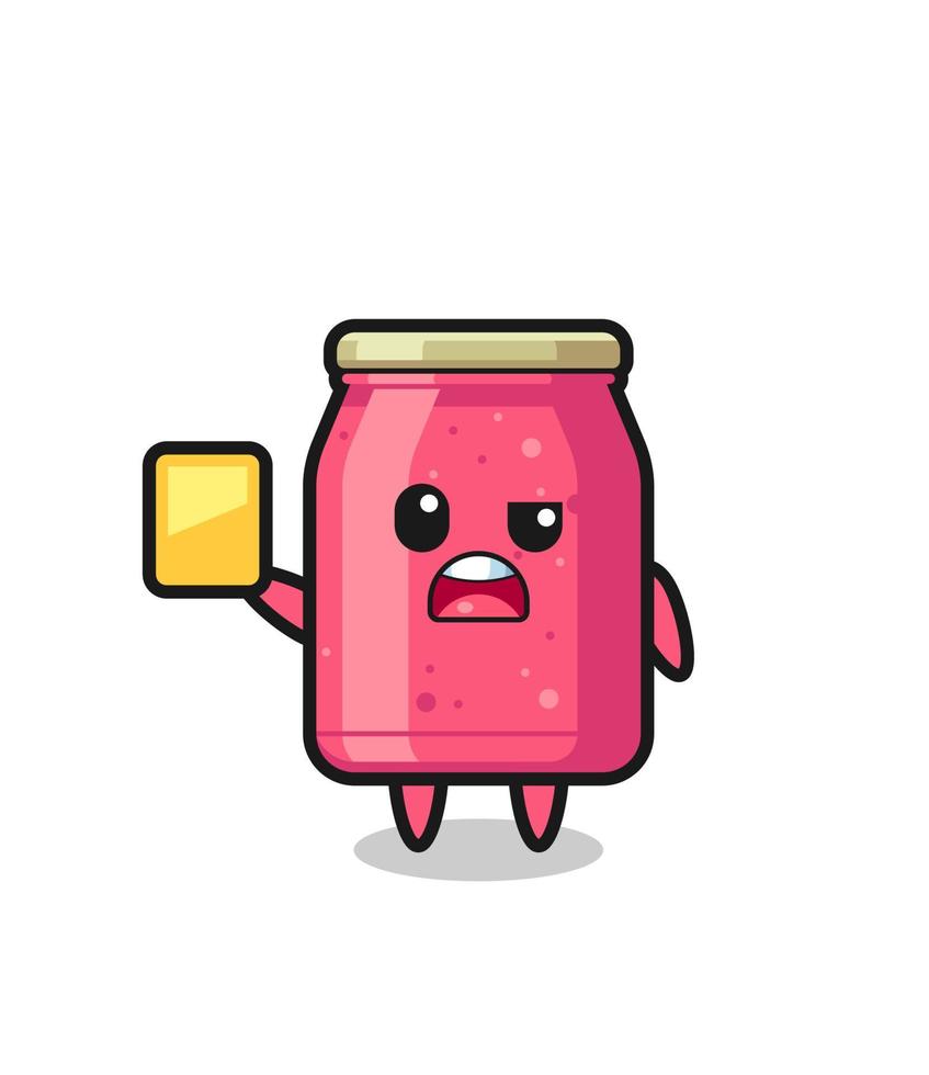 cartoon strawberry jam character as a football referee giving a yellow card vector