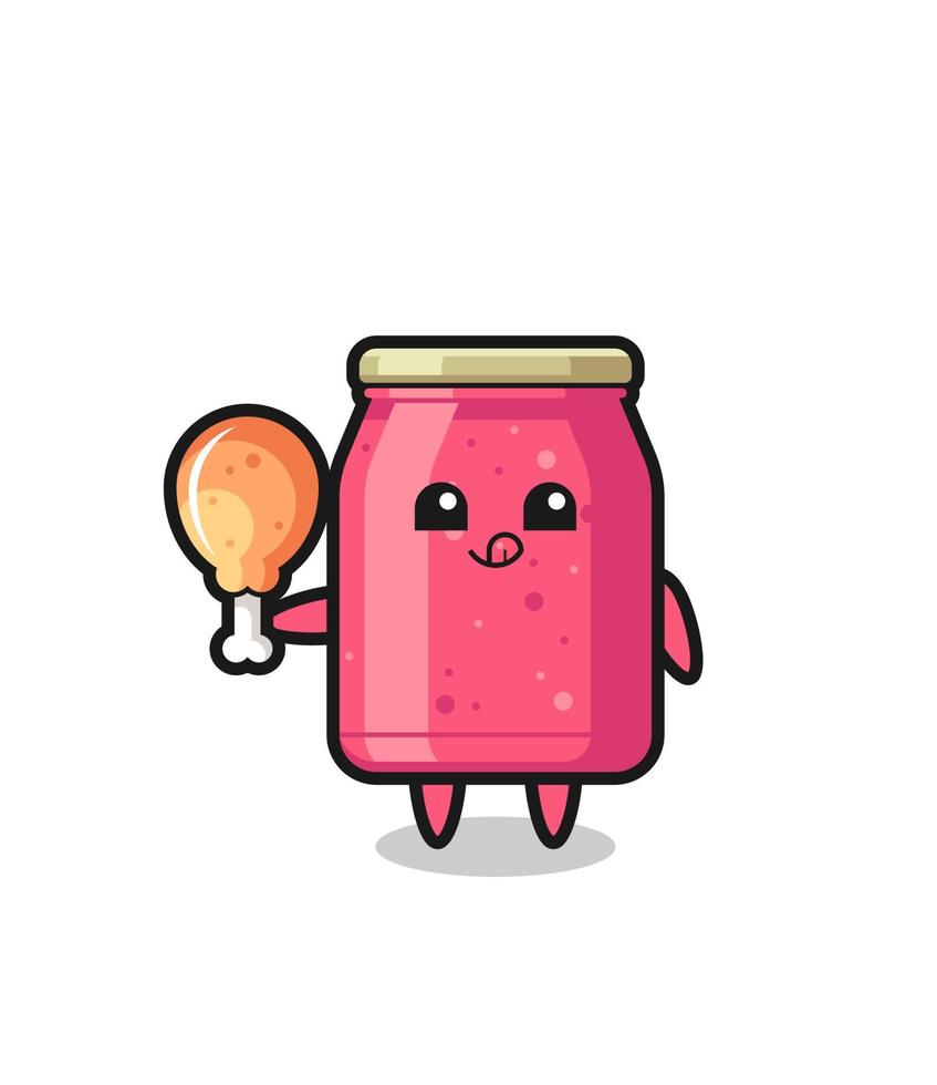 strawberry jam cute mascot is eating a fried chicken vector