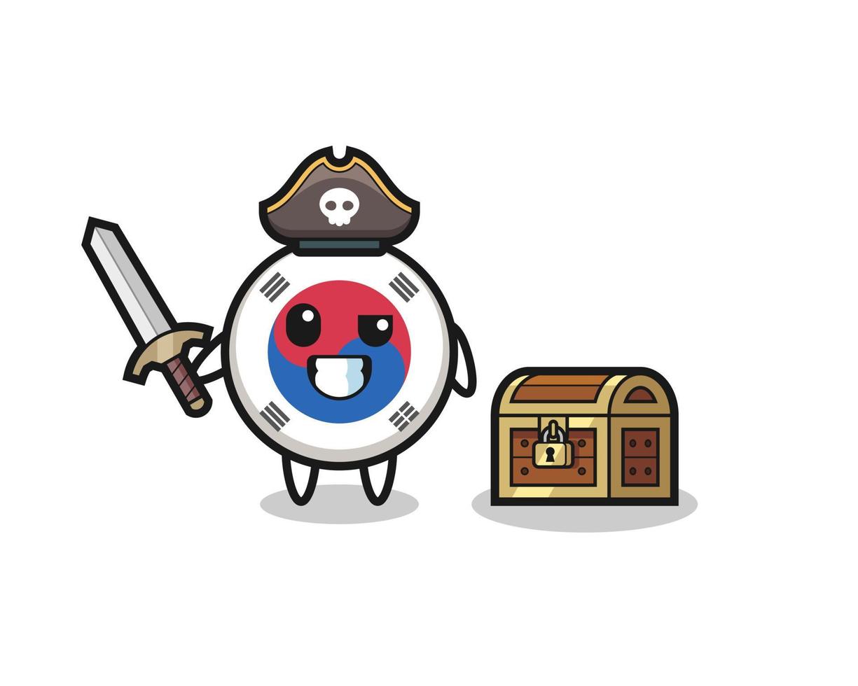 the south korea flag pirate character holding sword beside a treasure box vector