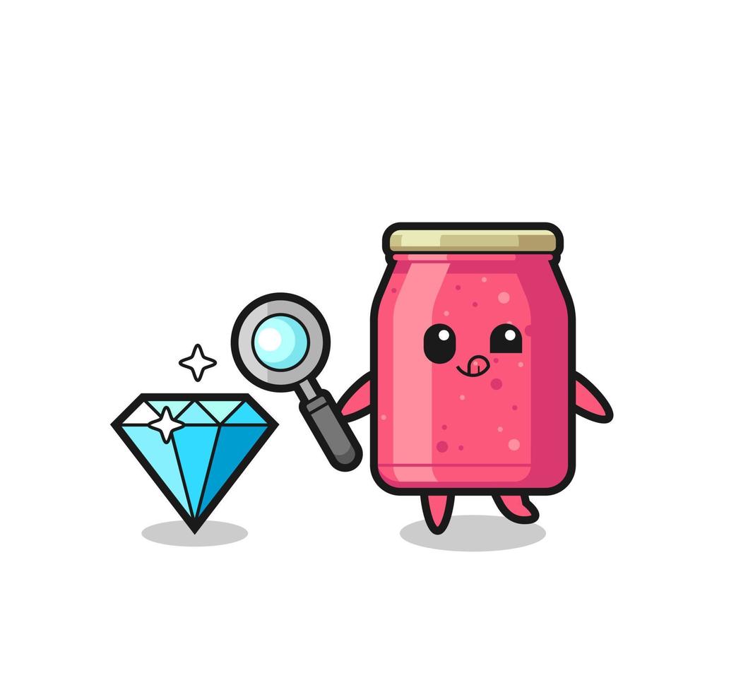 strawberry jam mascot is checking the authenticity of a diamond vector