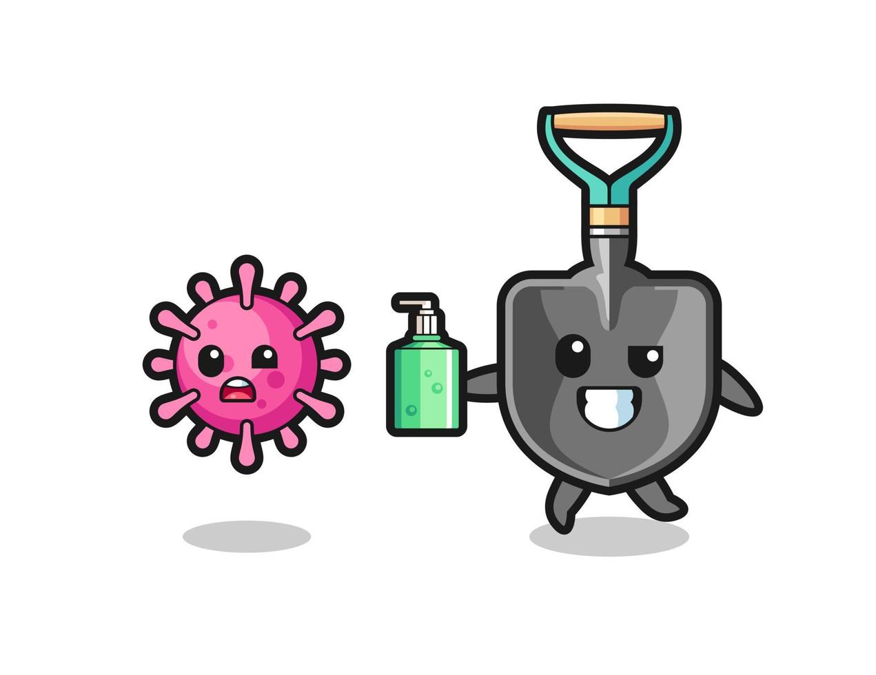 ilustración del personaje de pala persiguiendo virus malvados con desinfectante de manos vector