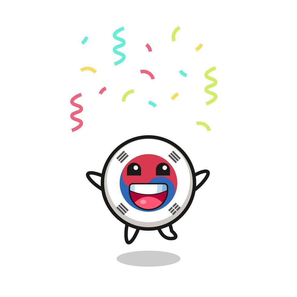 feliz mascota de la bandera de corea del sur saltando para felicitarse con confeti de color vector