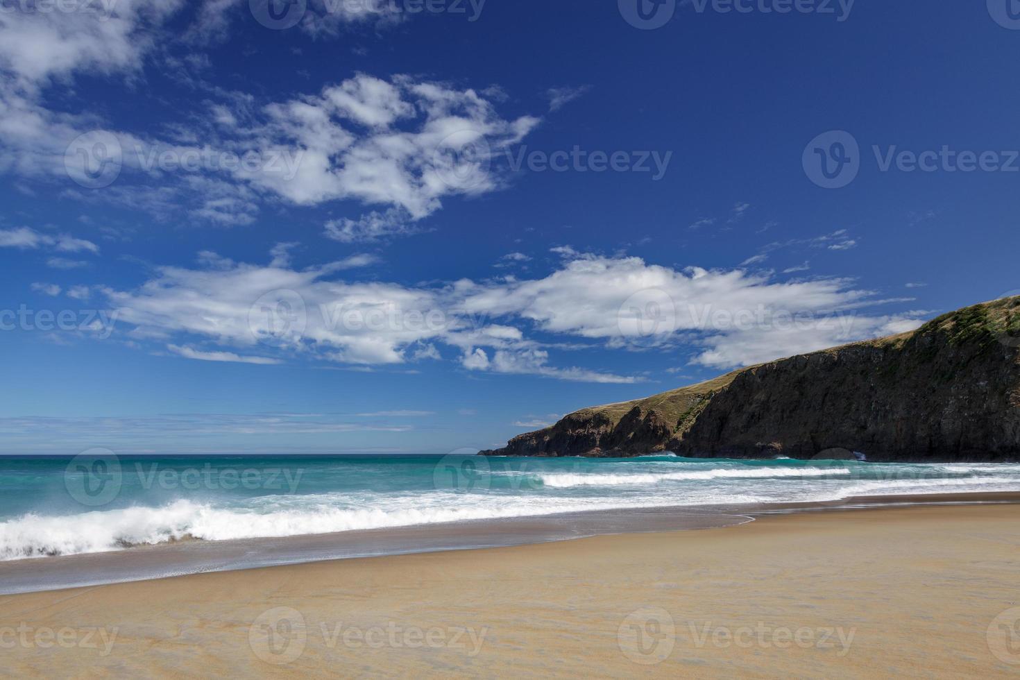 la costa prístina en sandfly bay en nueva zelanda foto