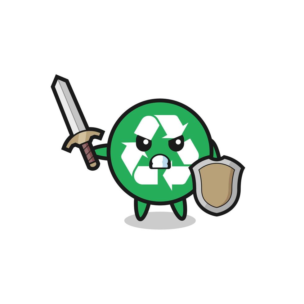 cute recycling soldier fighting with sword and shield vector