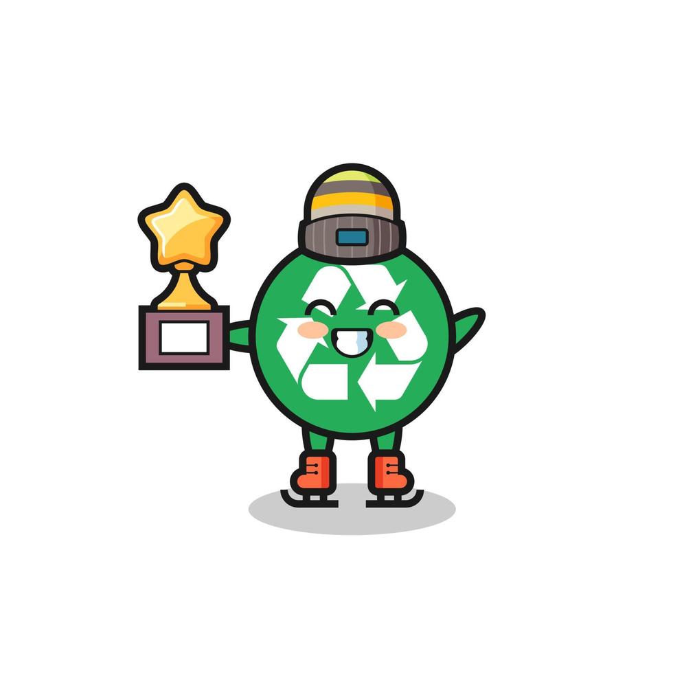 recycling cartoon as an ice skating player hold winner trophy vector