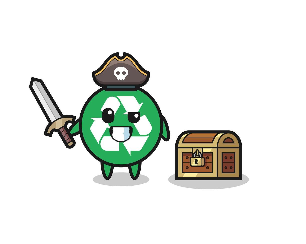 the recycling pirate character holding sword beside a treasure box vector