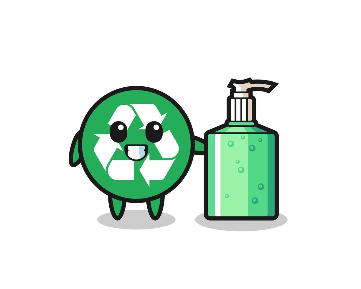 linda caricatura de reciclaje con desinfectante para manos vector