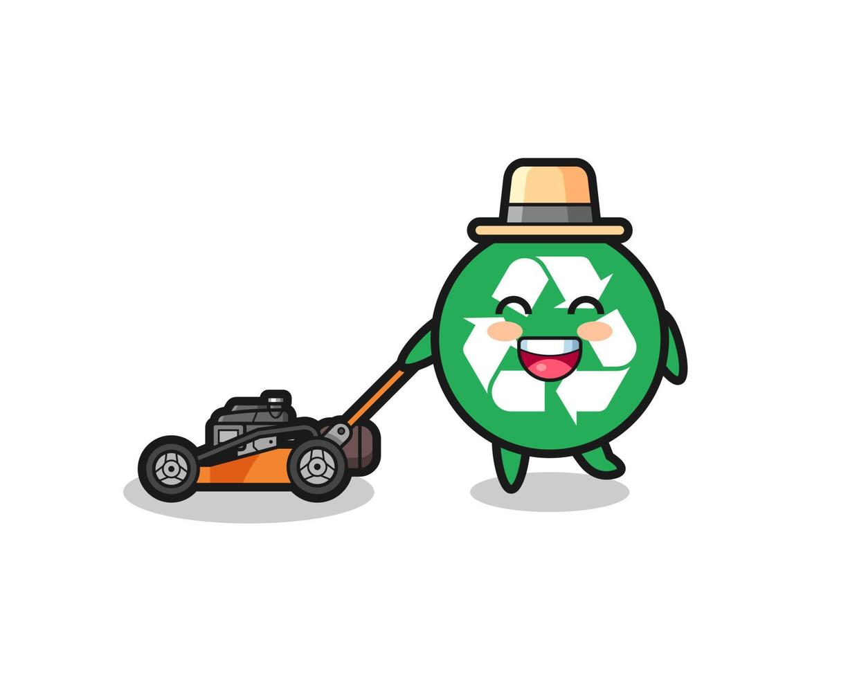 ilustración del personaje de reciclaje usando una cortadora de césped vector