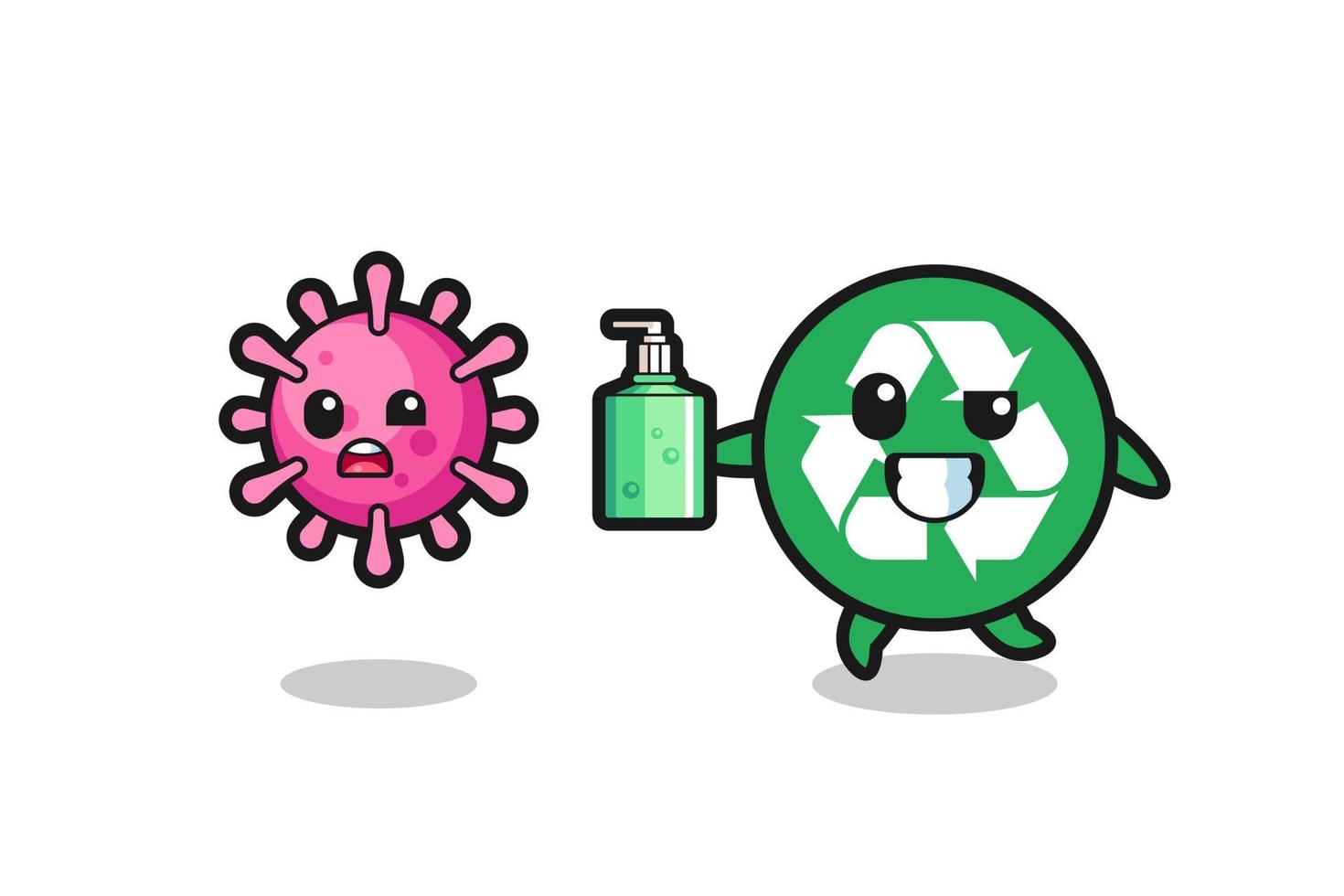 ilustración del personaje de reciclaje persiguiendo virus malvados con desinfectante de manos vector