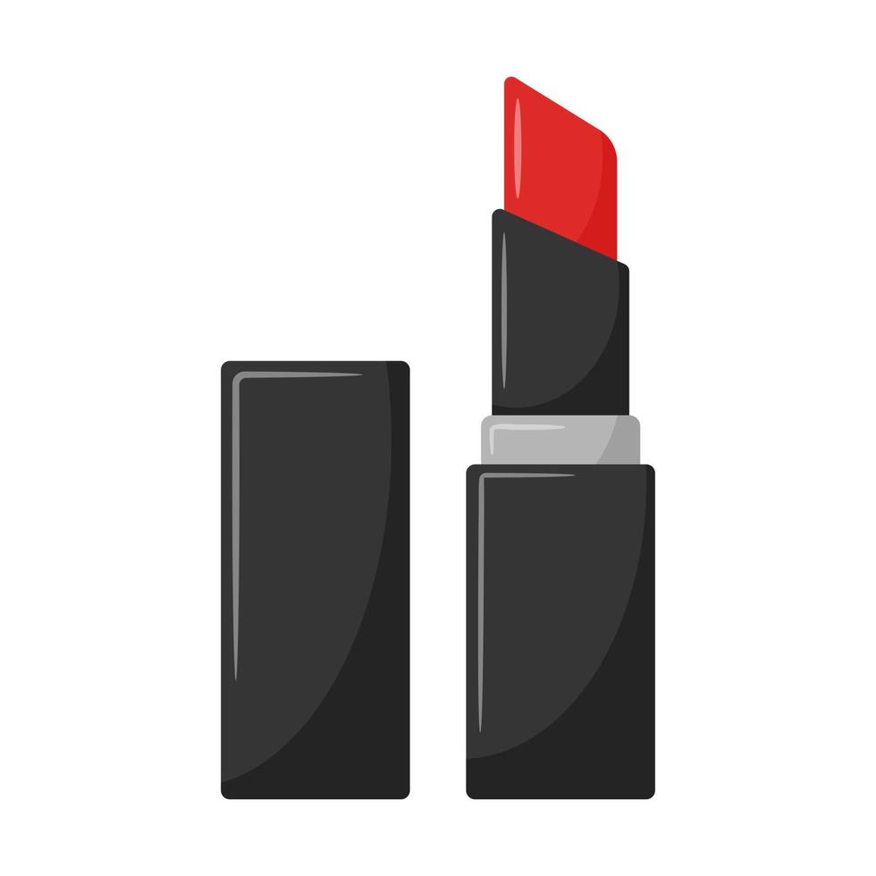 Open lipstick and cap. Bright red lipstick, a personal accessory. Decorative cosmetics. Flat color vector illustration. Isolated on white.