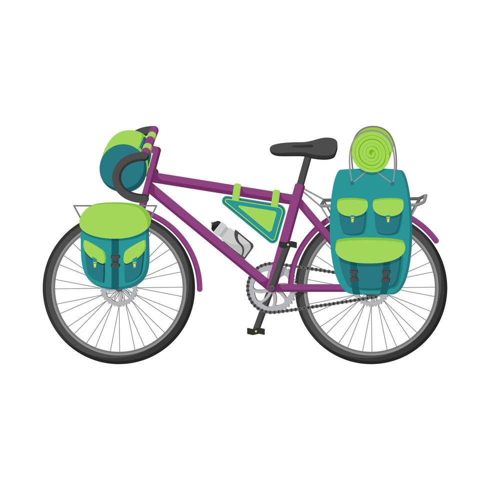 The bike is equipped for Hiking, traveling and Cycling tours. Flat vector illustration of a bike with backpacks on trunk and steering wheel. Concept of traveling with a Bicycle. Outdoor adventures.