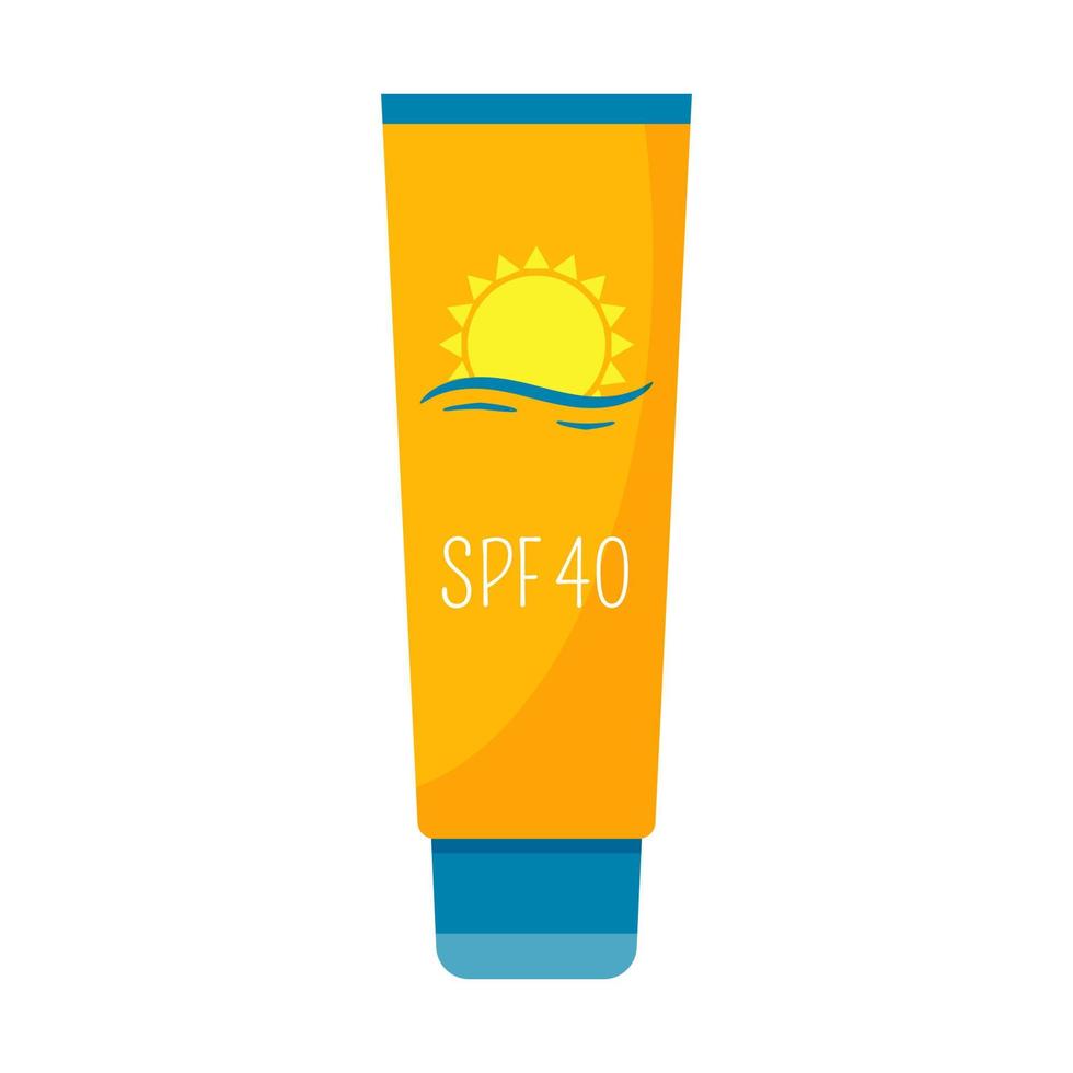 Sunscreen. Cosmetics for protection from sunburn. Cream in a tube with a lid. Decorative element for summer beach holidays, vacations. Flat color vector illustration. Isolated on white.