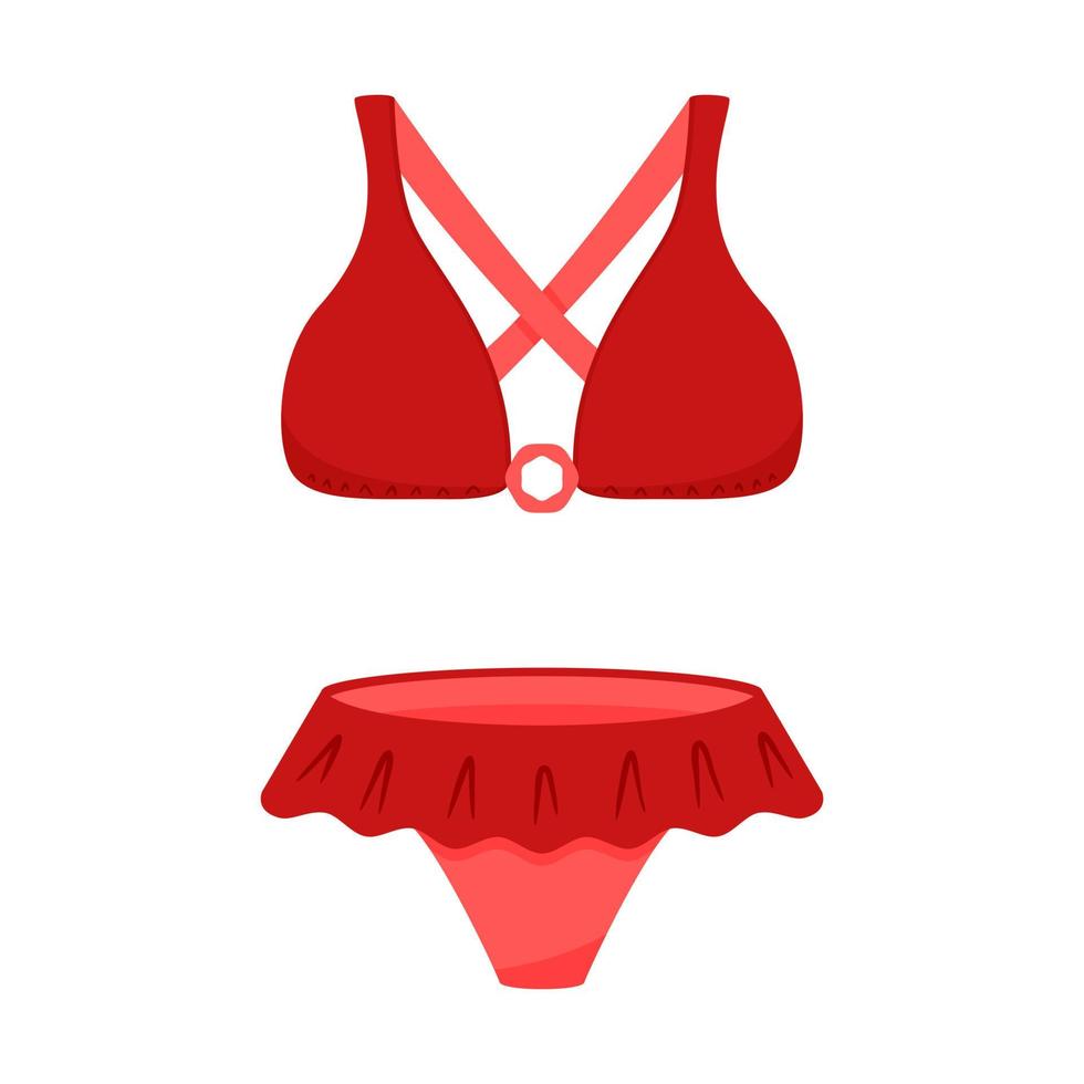 Red two-piece swimsuit. Bra and underpants. Women's summer, beachwear for sunbathing and swimming. Vector illustration in a flat style. Isolated on white.