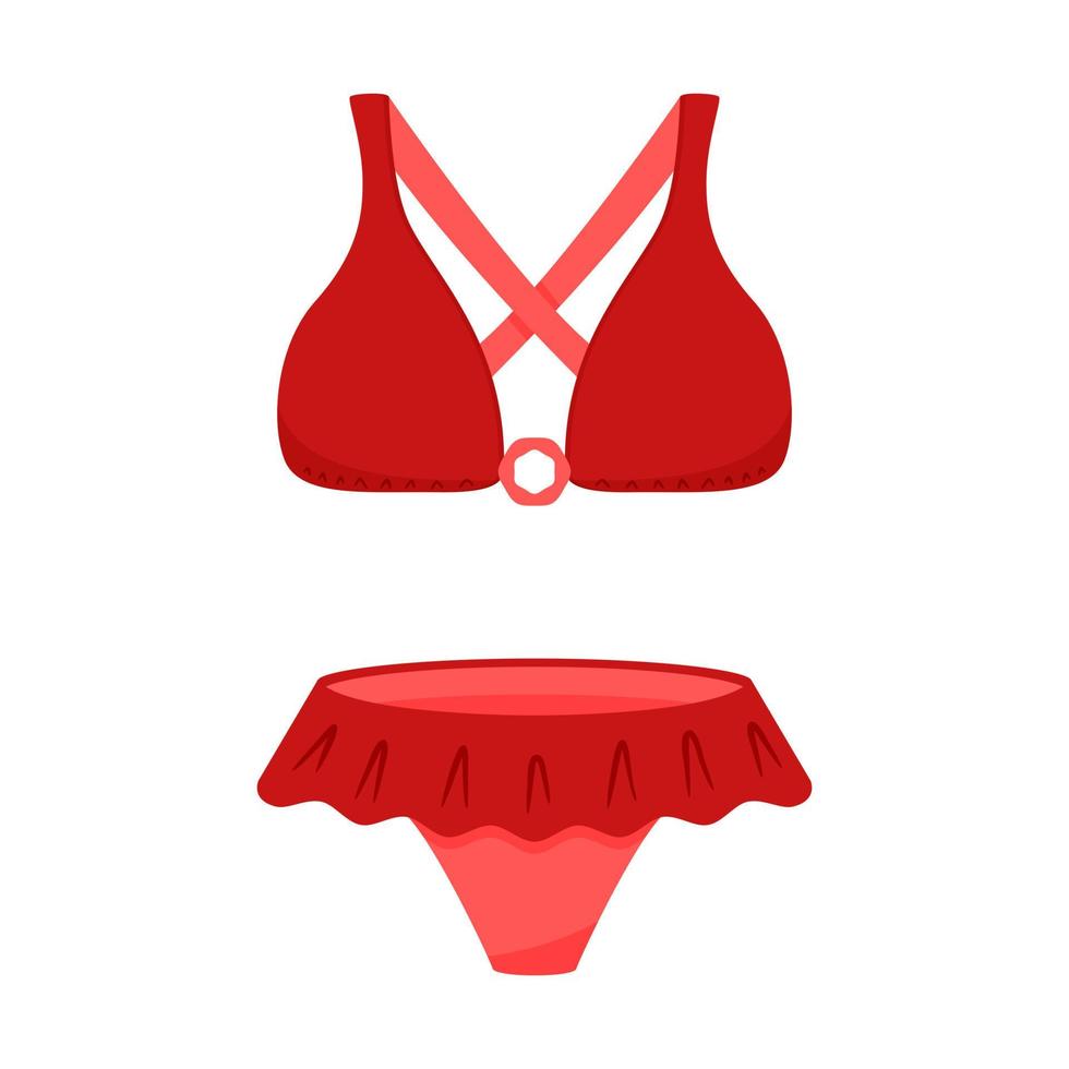 traje de baño rojo de dos piezas. sujetador y calzoncillos. verano femenino, ropa de playa para tomar el sol y nadar. ilustración vectorial en un estilo plano. aislado en blanco vector