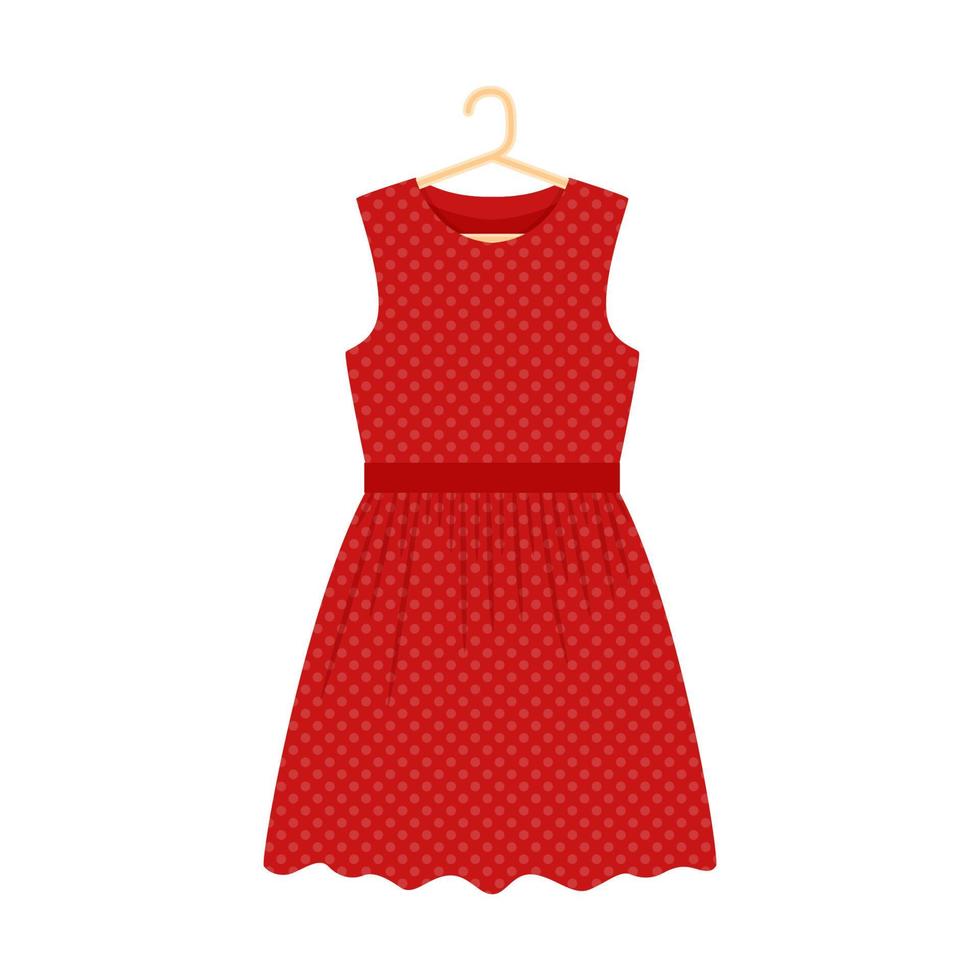 Red polka dot dress on a hanger. Summer sundress without sleeves. Women's clothing. Vector illustration in a flat style. Isolated on white.